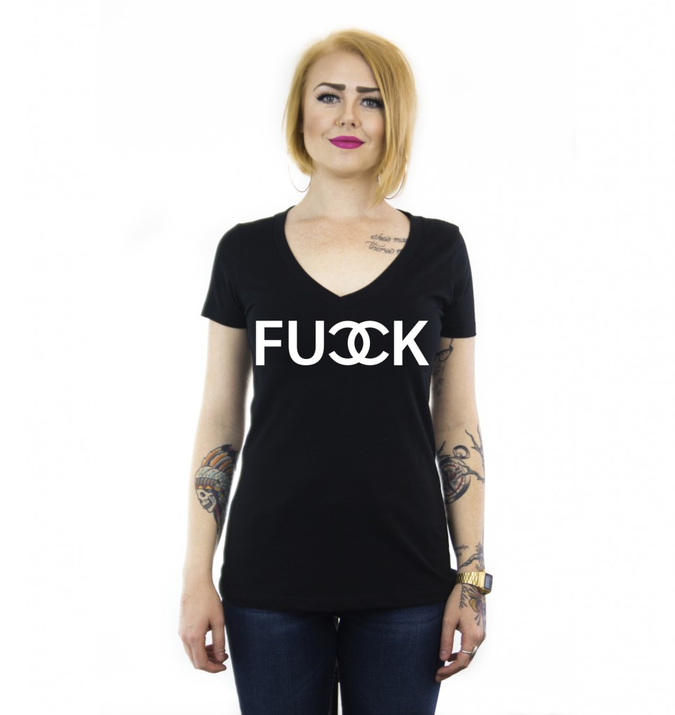 WOMEN_VNECK_FUCCK_Black_tshirt:White_ink