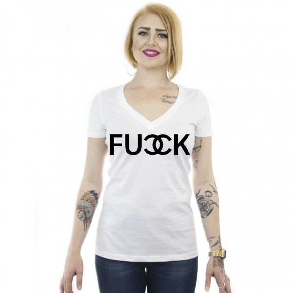 WOMEN_VNECK_FUCCK_White_tshirt:Black_ink