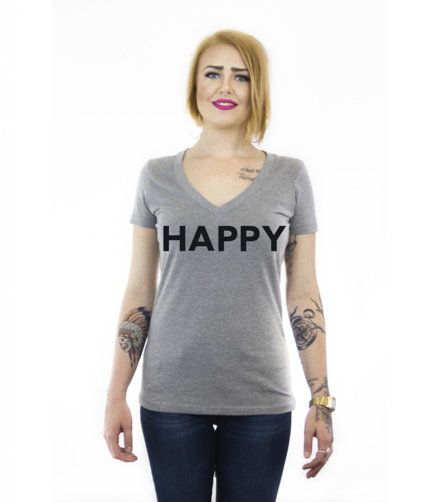 WOMEN_VNECK_HAPPY_HeatherGray_tshirt:Black_ink